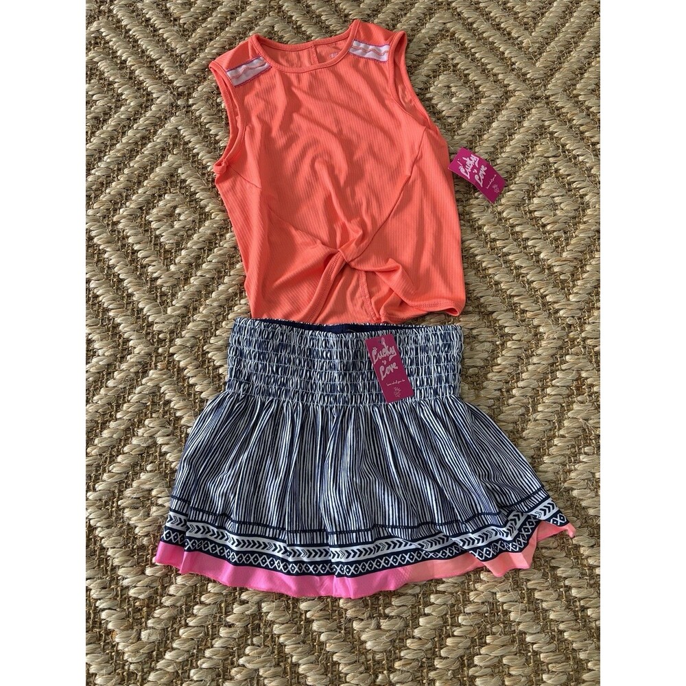 Lucky In Love Girls Tennis Outfit Size Small 7-8 NWT Pink Orange Black Top Skirt